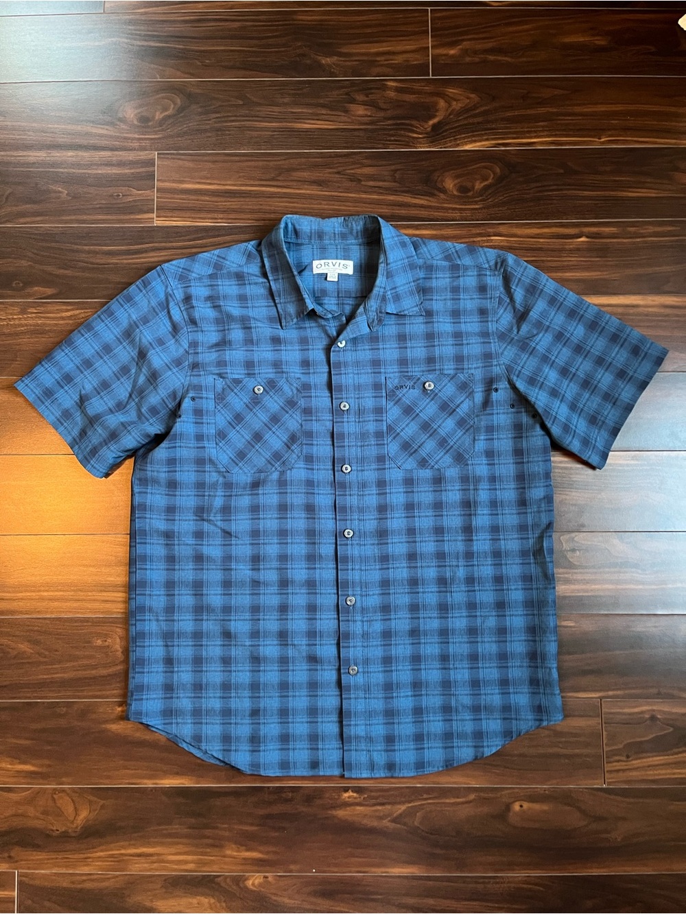 Orvis Blue Plaid Short-Sleeve Button-Down Shirt, L, EUC